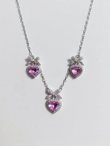 نیم ست زنانه نقره مدل قلب نگین صورتی