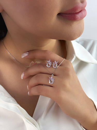 نیم ست زنانه نگین صورتی مدل گل جنس نقره