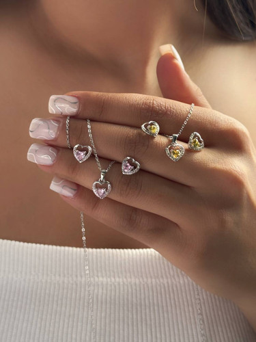 نیم ست مینیمال طرح قلب نقره نگین زرد و صورتی